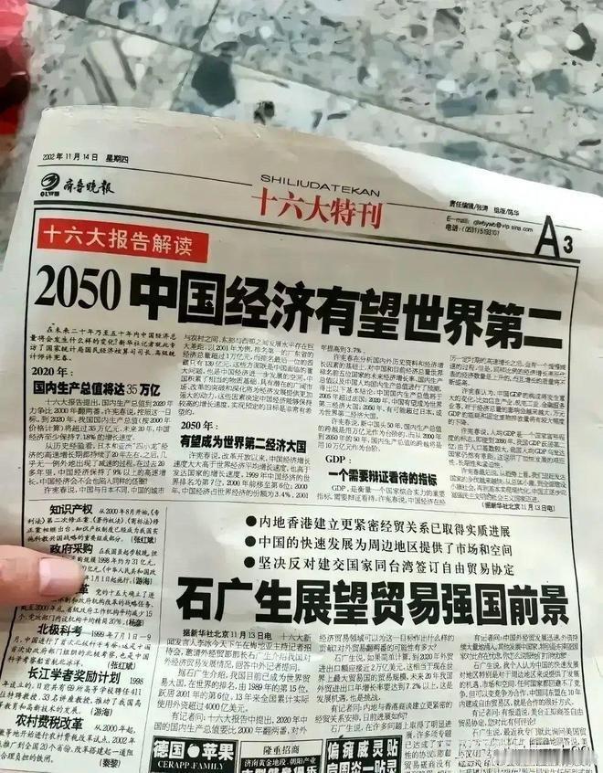 中国人自己在2002年时还在展望能在2050年超过日本成为世界第二大经济体，但实