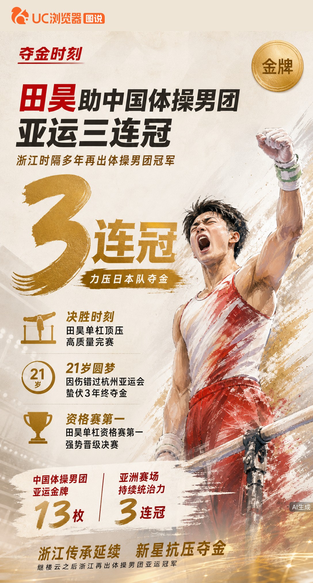 亚运三连冠！中国体操男团力压日本夺金，21岁田昊决胜时刻单杠顶住压力。因伤错过杭州亚运蛰伏三年，他终