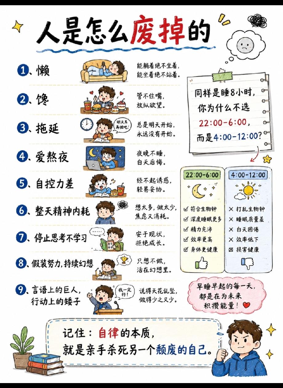 太真实了，太扎心了，几乎人人都中招啊！哪个天才总结出来的人是怎么废掉的，16条