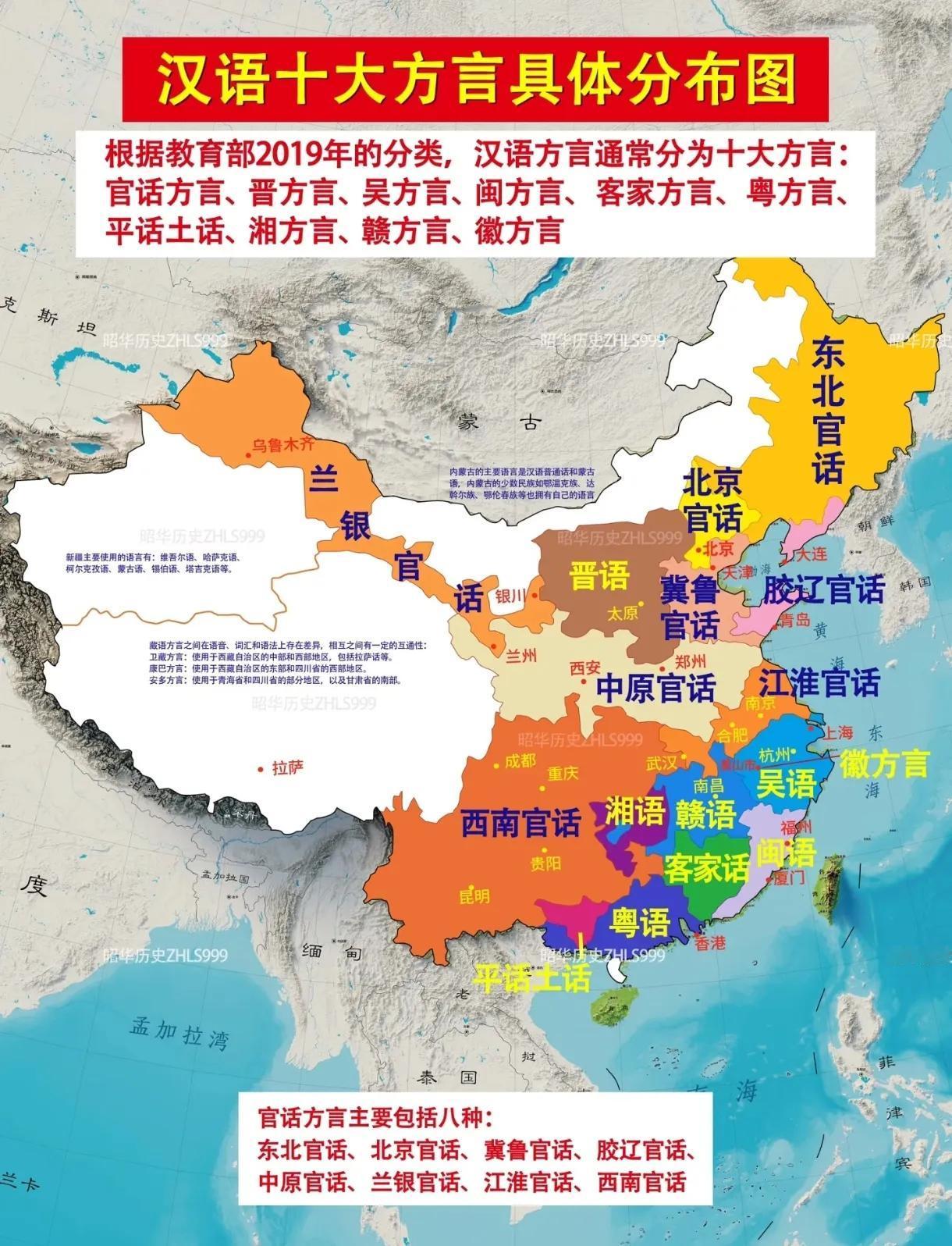 汉语十大方言，官话方言是最大一支，含北京话、东北话等，全国超70%人使用，也是普