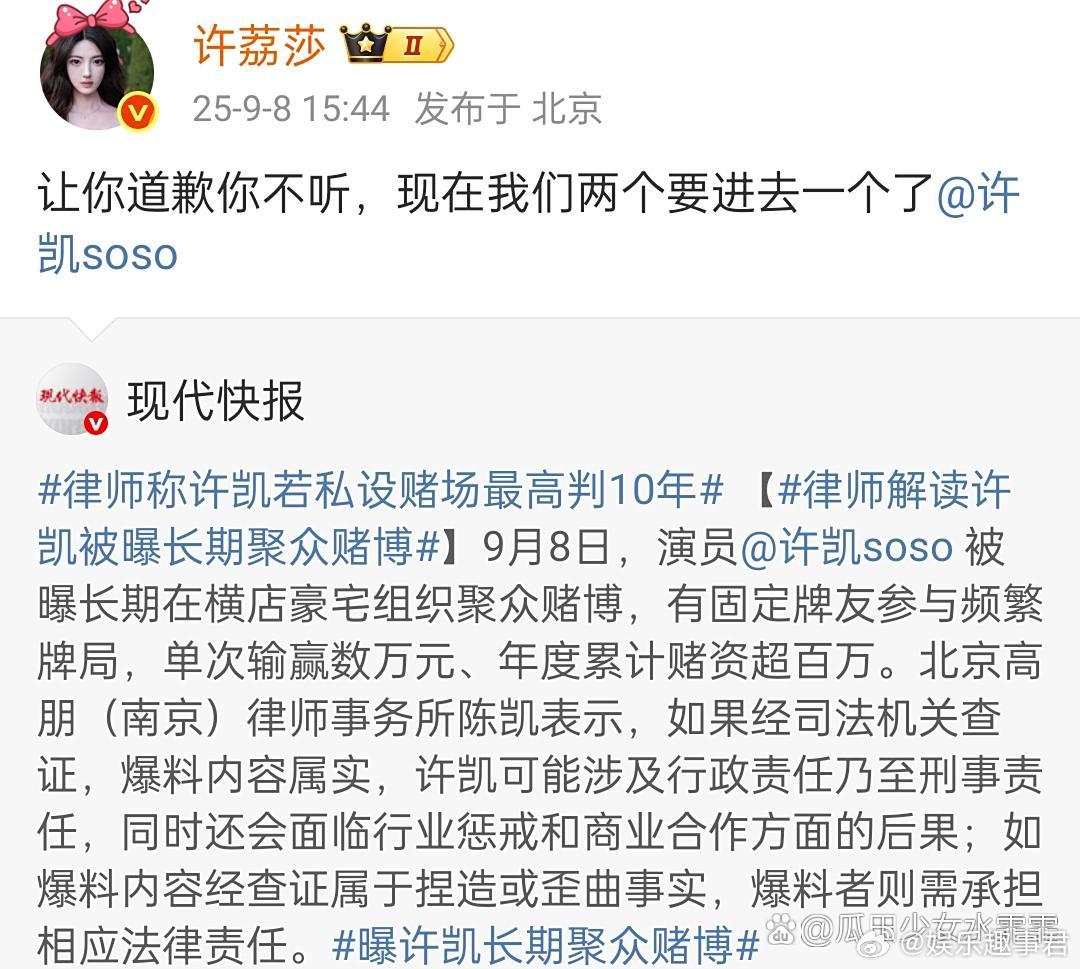 许荔莎说只是想要许凯道歉而已律师称许凯若私设赌场最高判10年，许荔莎转发相关事件