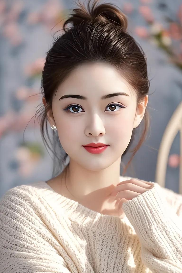 七律·温婉佳人云鬓高盘衬玉颜，柔姿温婉立花间。明眸流盼藏星斗，笑靥轻开绽月弯