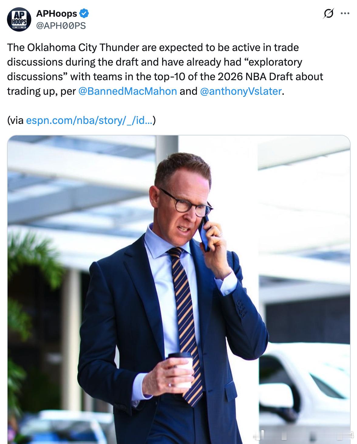 据TimMacMahon和AnthonySlater报道，俄克拉荷马城雷霆预