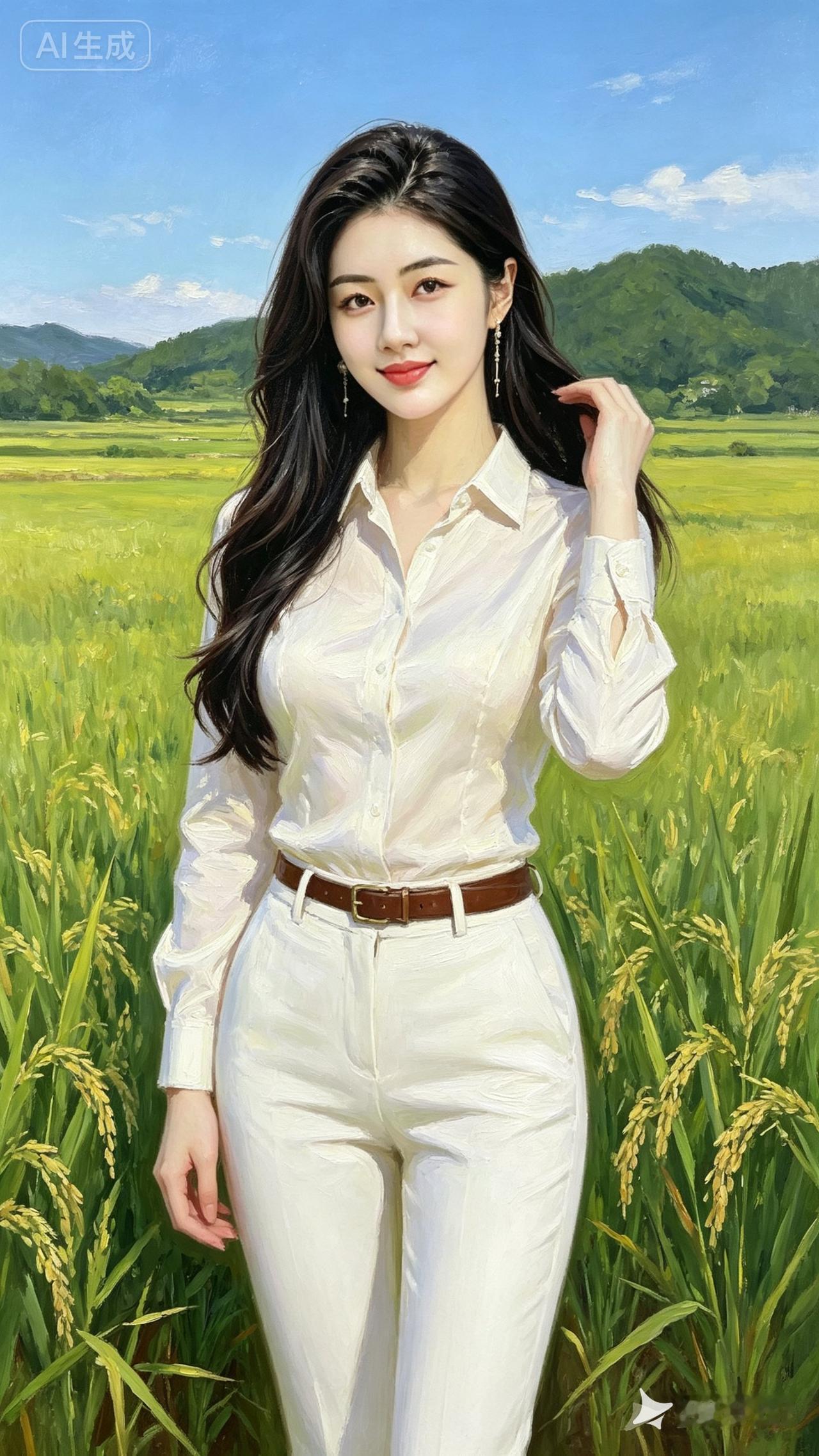 一个漂亮女孩站在稻田里微笑。