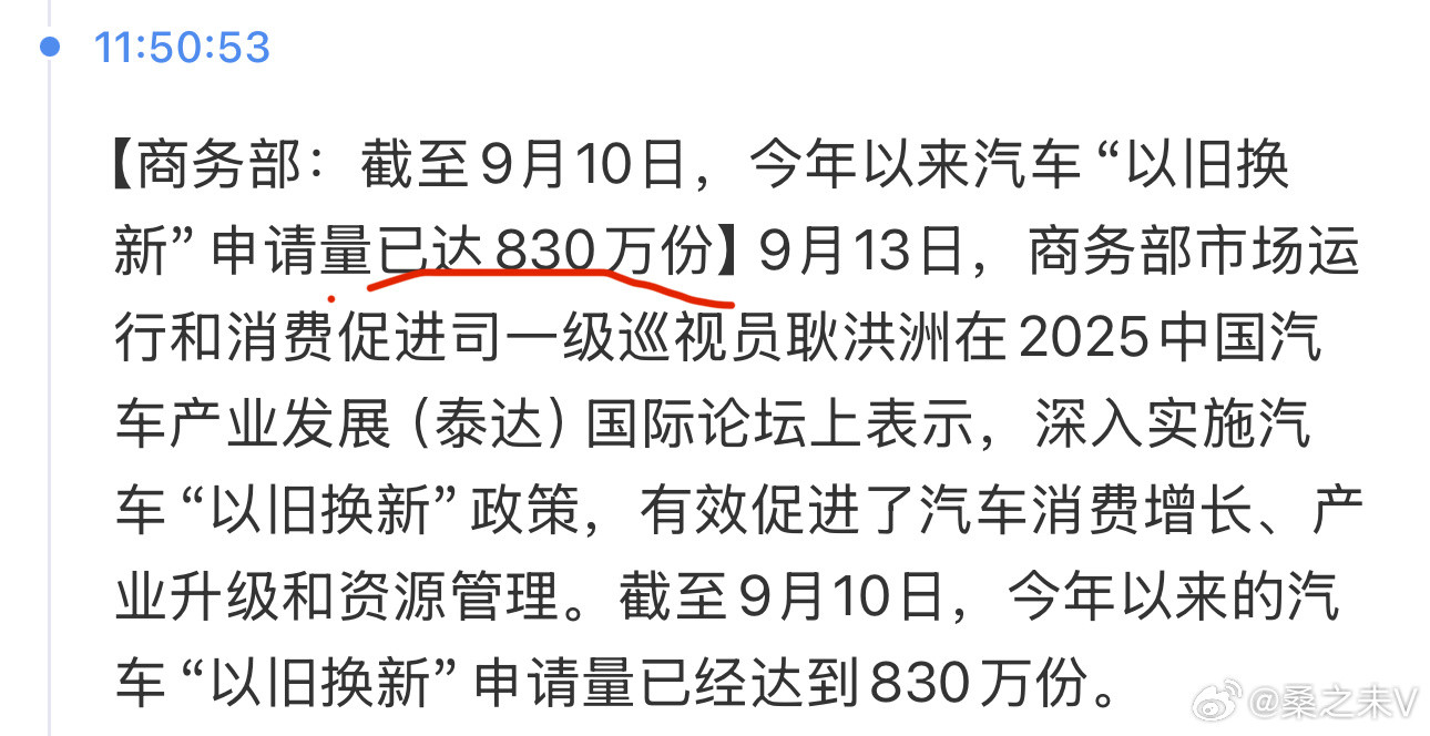 商务部：截至9月10日，今年以来汽车“以旧换新”申请量已达830万份​​​
