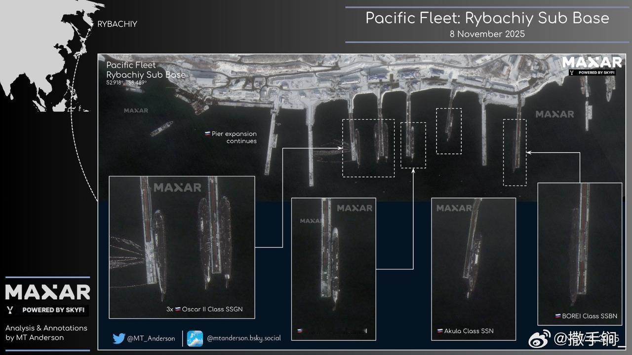 俄太平洋舰队潜艇部队司令部雷巴奇潜艇基地卫星图，各类俄罗斯海军核潜艇琳琅满目，该