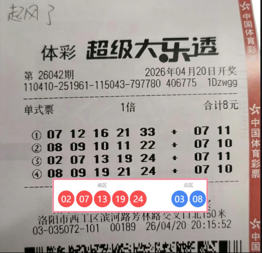 洛阳彩友前区全中憾失大奖，仍收获6666元奖金。河南洛阳的一位彩友在2604