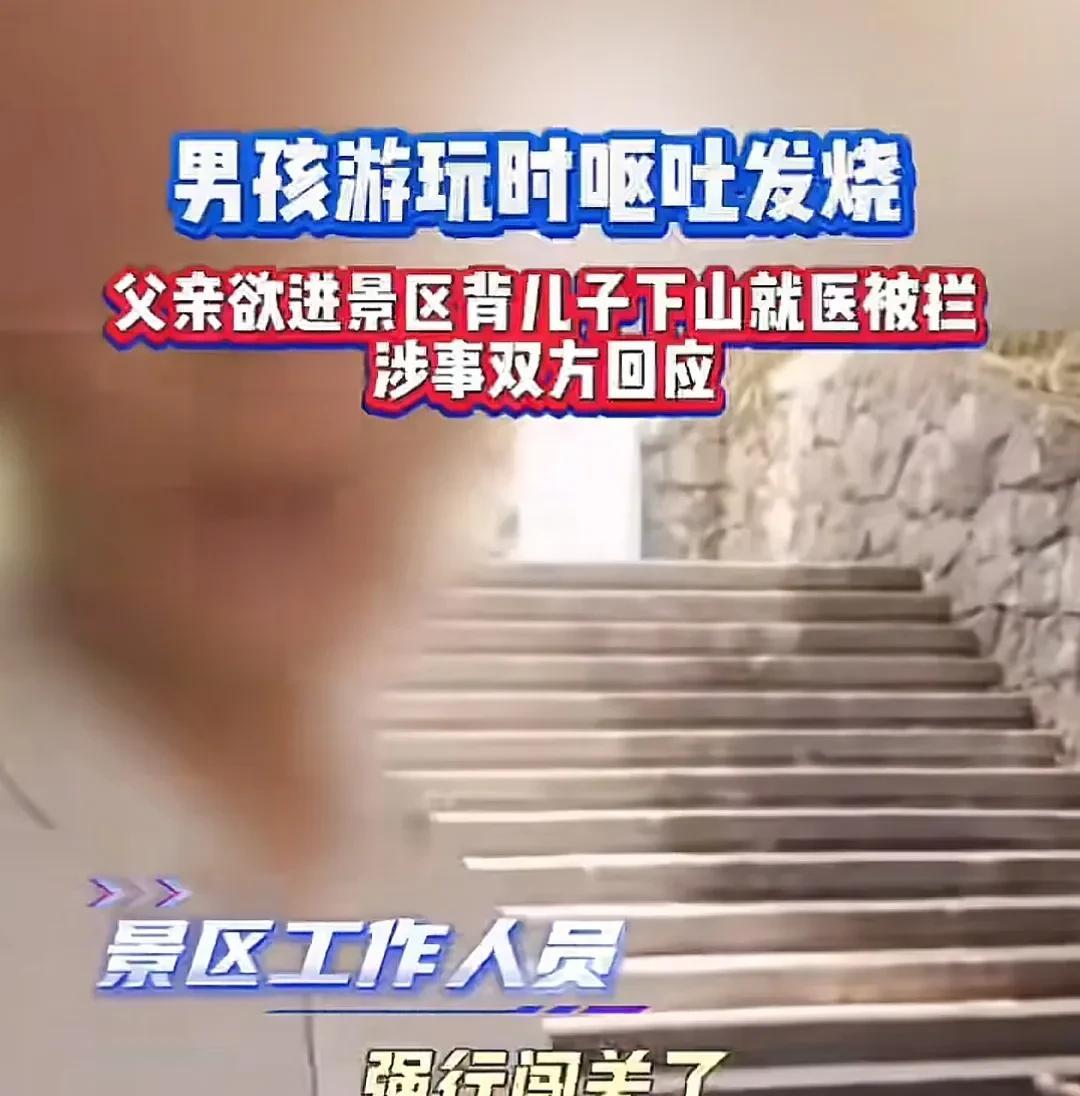 父亲欲进景区背儿子下山，让人看的真是火大。儿子呕吐发烧。跟着工作人员大吵大闹，