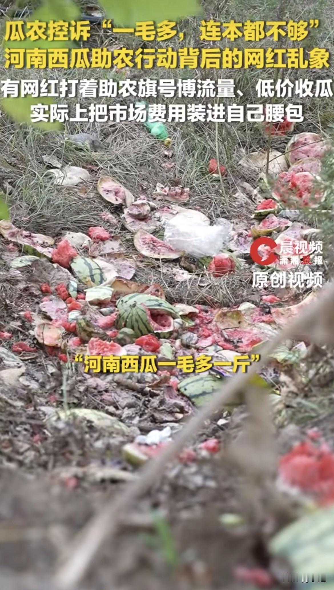一瓶矿泉水两块。开封瓜农刘洋蹲在地头说，一斤瓜一毛多，一个七八斤的瓜卖不到一