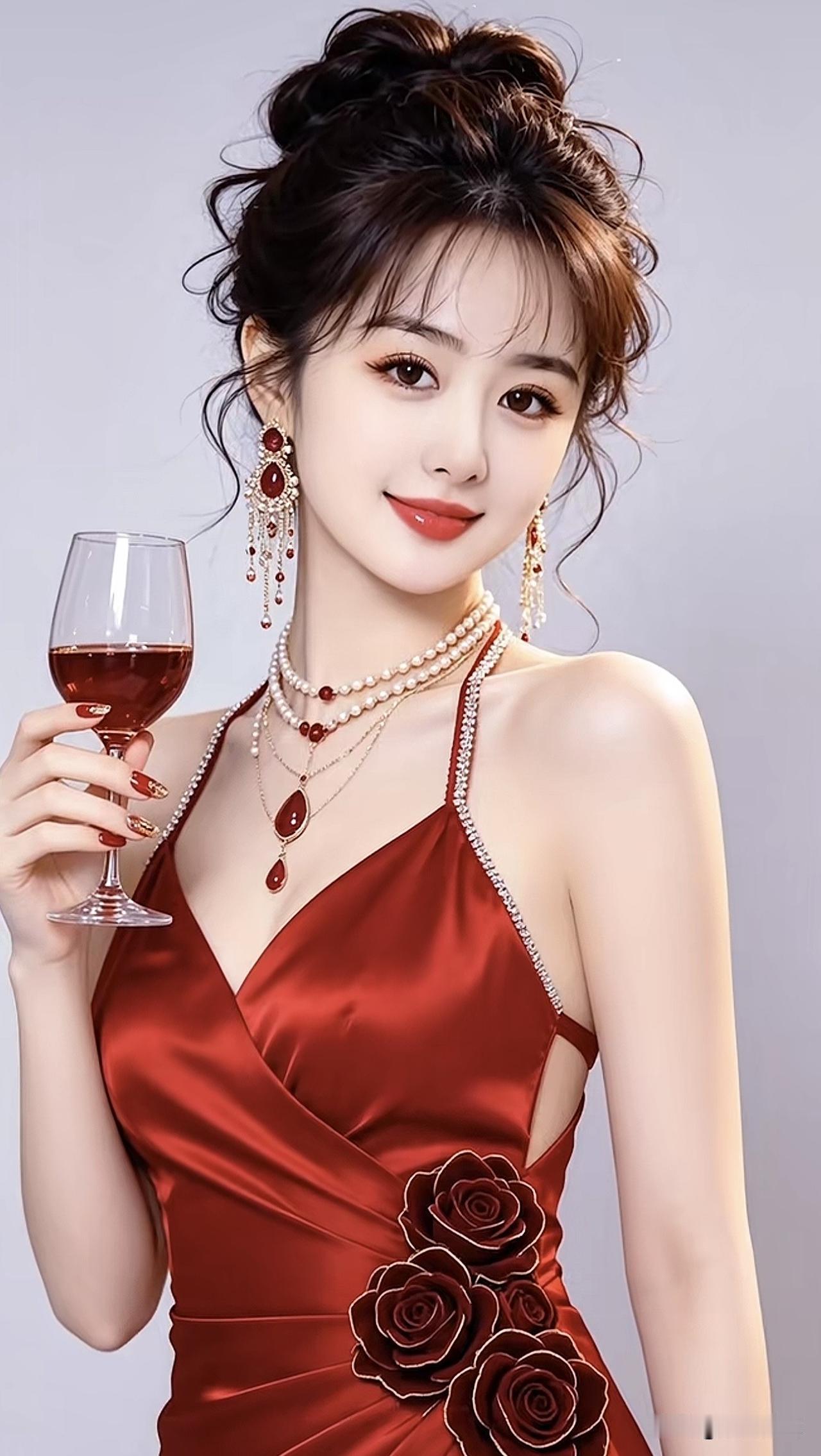 优雅红裙，举杯邀月，尽显迷人魅力！气质红裙女穿红裙的女生温婉红裙穿红裙的女