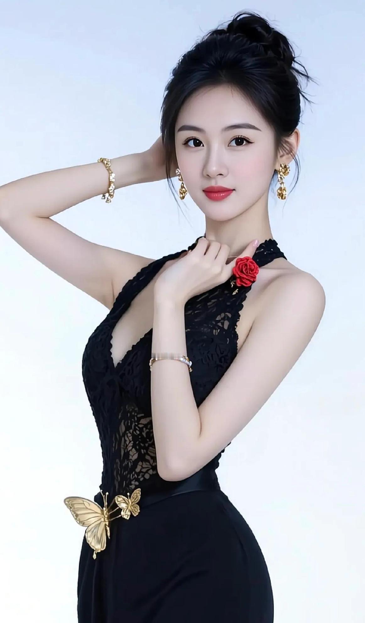 优雅黑裙，玫瑰与蝴蝶的浪漫搭配