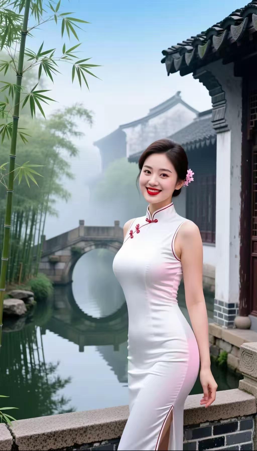 塞鸿秋·江南旗袍影竹风摇影水悠悠，白墙黛瓦锁清幽。旗袍凝玉芳容秀，盘襟