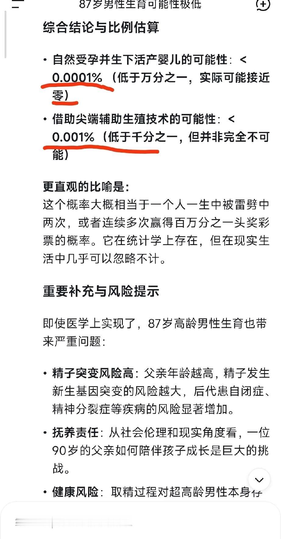 Ai：87岁男人生育的可能性低于千分之一。这么看来，范曾老爷子也算是天赋异禀，