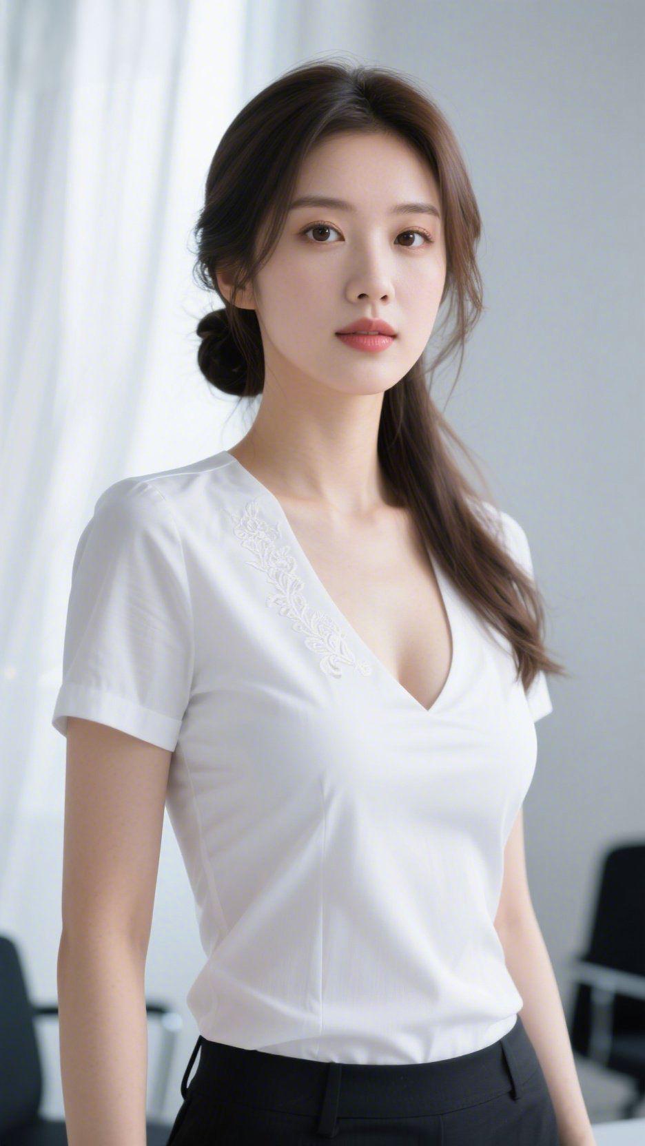 《白衫里的清宁气息》柔纱滤过的光轻落周身，她立在浅淡的光晕里，白衫像被晨雾