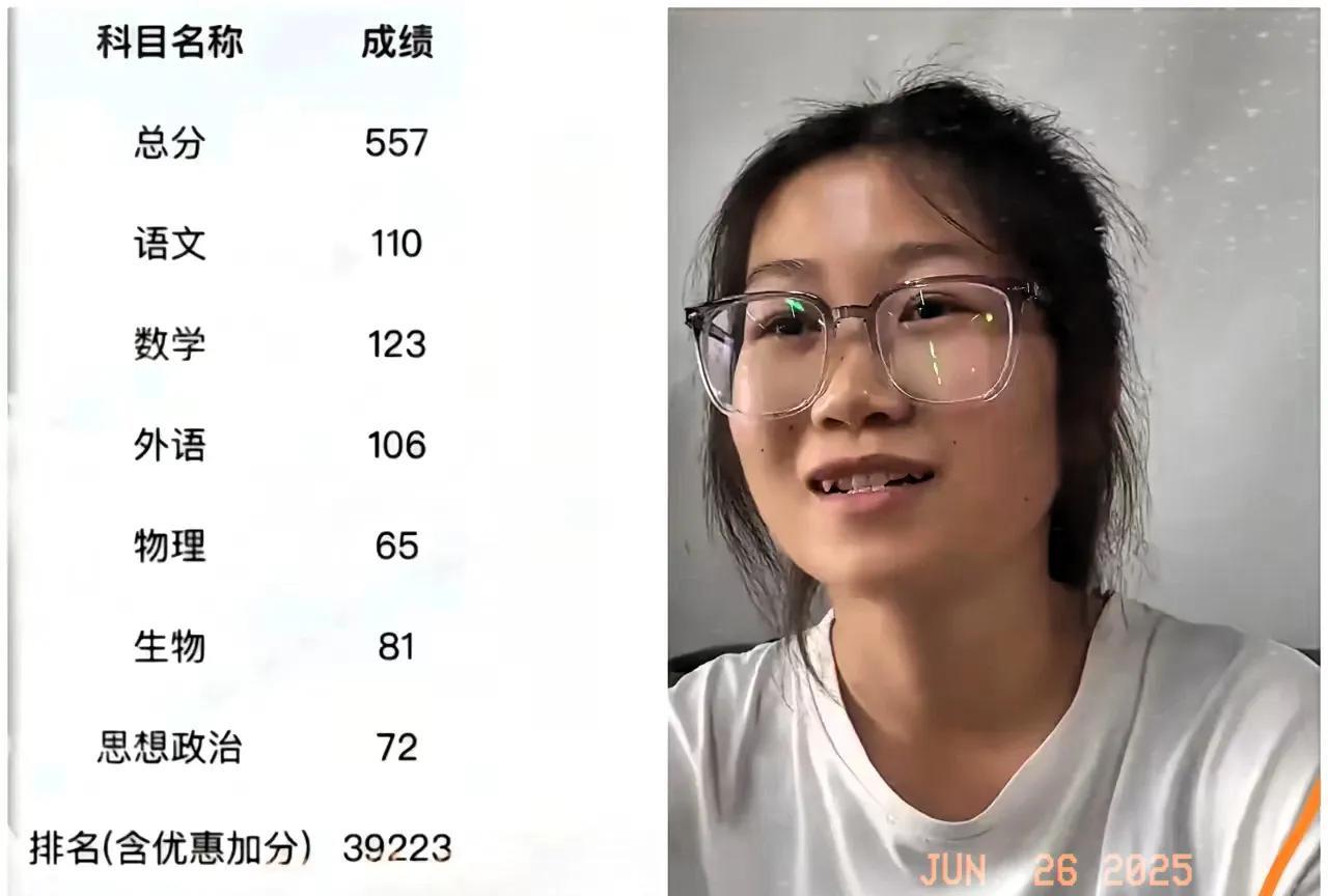 广西扁担女孩刘燕的高考成绩出来了。刘艳的高考成绩是557分，广西物理类特控线是
