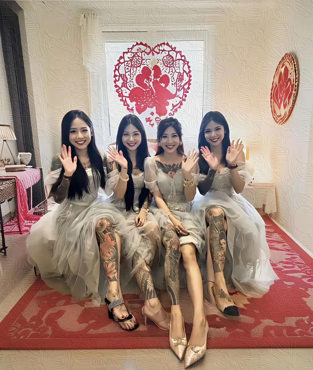 姐妹几个都有纹身，新郎以后一定不敢沾花惹草。因为一不小心就小命不保了！