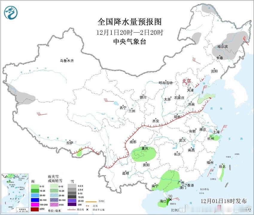 【冷流雪和润燥雨】未来7天的降水总体依然不多，值得关注的有，一个是12月2日山东