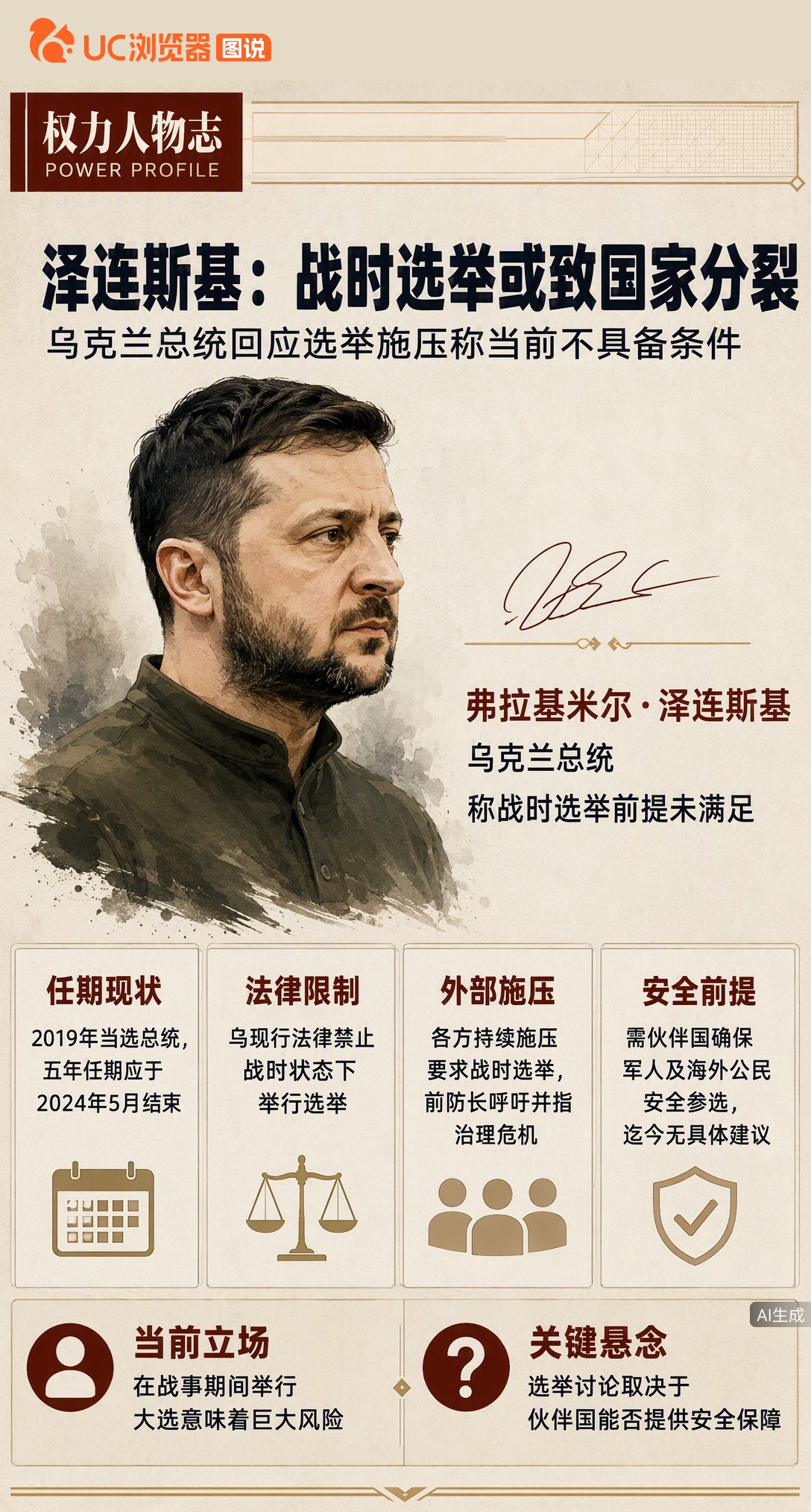 泽连斯基回应战时选举呼声：现在选就是拿国家分裂冒险。他说前提是伙伴国能保安全，但至今没人提具体方案。
