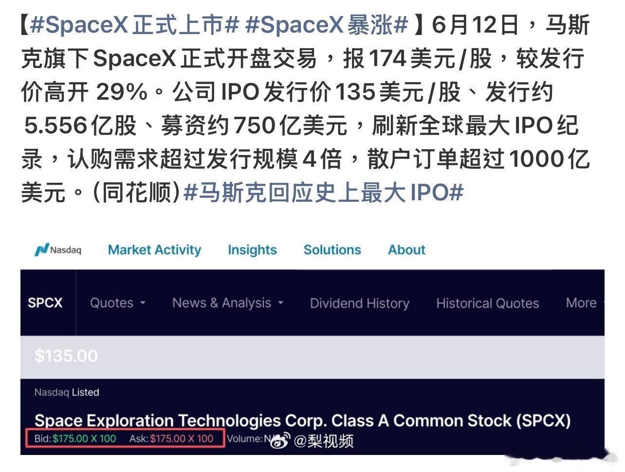 SpaceX正式上市SpaceX正式登陆纳斯达克，发行价135美元，募资750亿