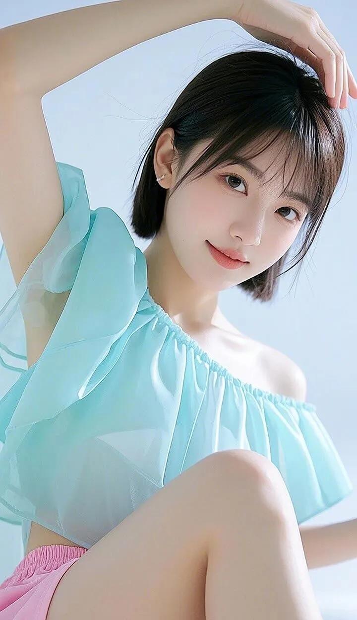 清新少女风，浅蓝色荷叶边上衣搭配粉色短裤，甜美又时尚！💕🌟