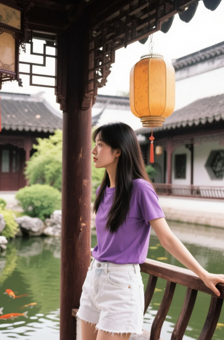 宫灯未亮，绿意正浓，她在时光交错处静静伫立