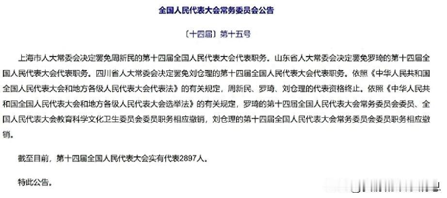 2026年2月4日，全国人大常委会公告罢免周新民、罗琦、刘仓理三人的代表资格。