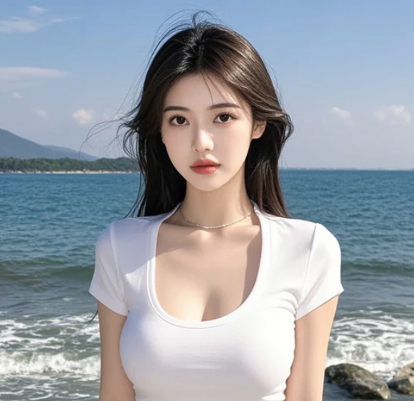 她站在沙滩上，风吹过时美得让人屏息