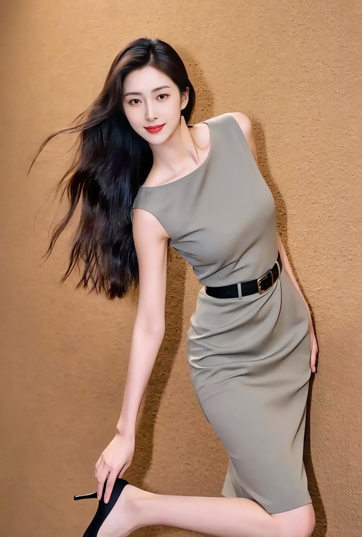 风停在她发梢的那一刻灰绿裙子裹着利落线条腰带轻轻一收姿态就有了方向