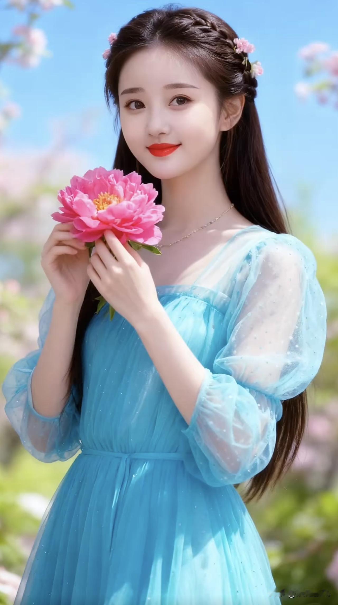 春日花海中的少女，粉色花束与蓝色裙摆相映成趣，宛如童话中的仙子。花海少女感花海