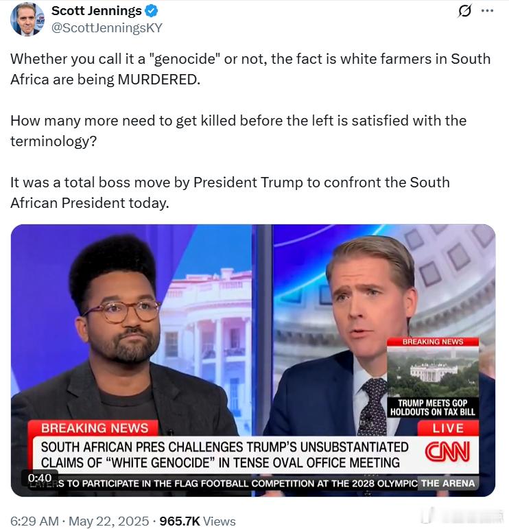 CNN斯科特·詹宁斯：无论你是否称之为“种族*绝”，事实是南非的白人农场主正在被