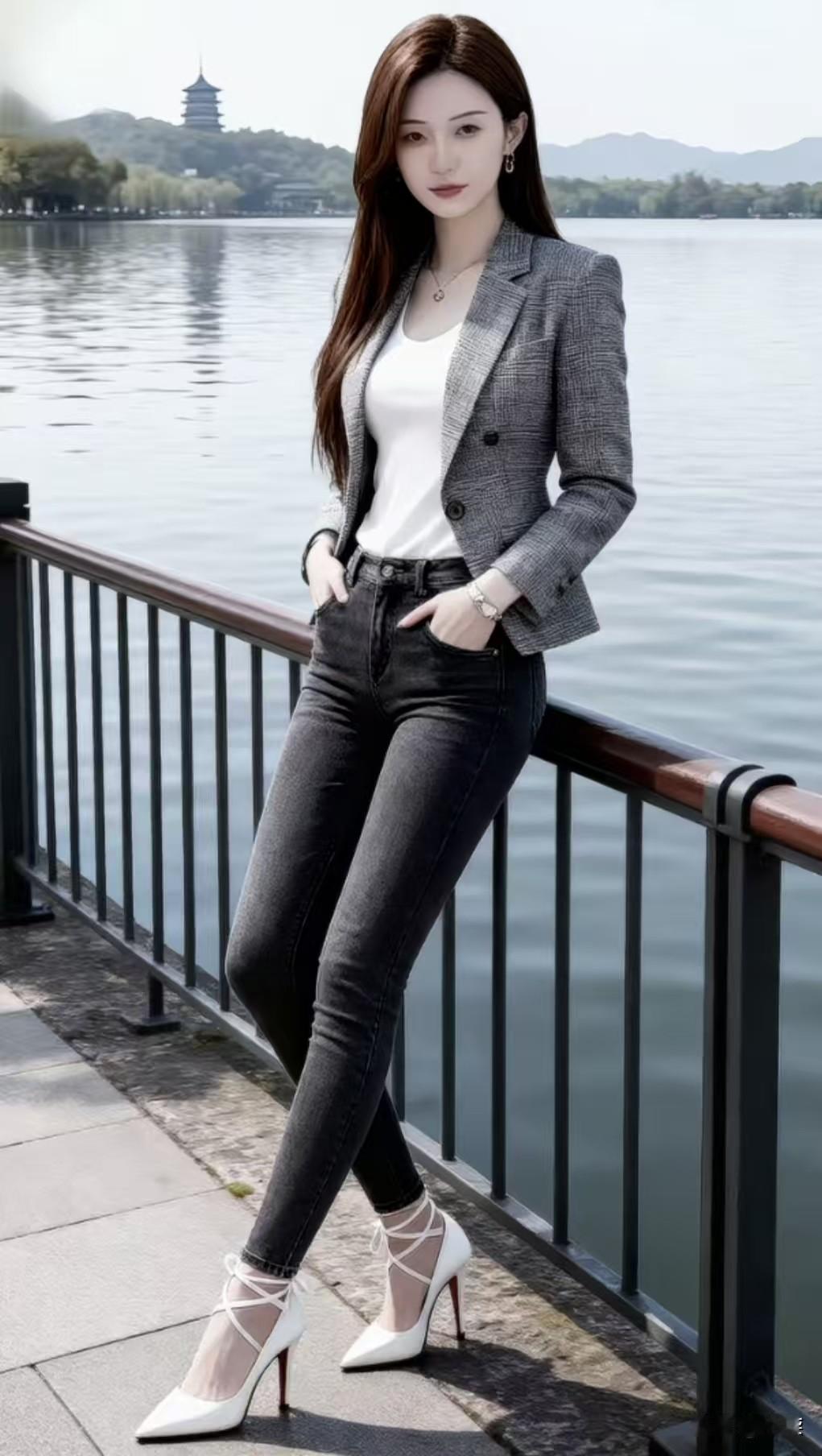 🌿西湖边的气质穿搭，被这套拿捏了格纹西装裹着松弛的利落感，白T+