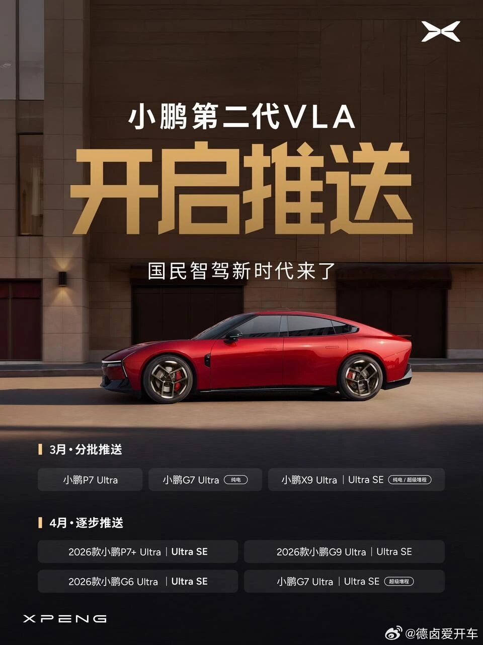 小鹏第二代VLA开启推送，六款车型分批两个月推送；3月分批推送车型:-小鹏P7