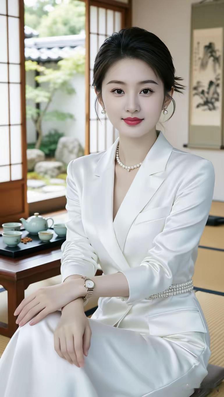 优雅白领风，珍珠项链搭配白色西装，尽显知性美！