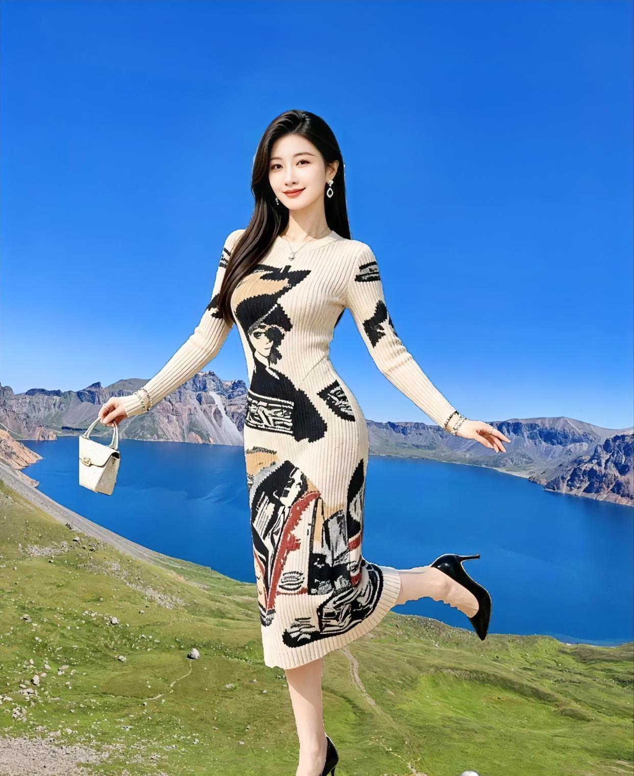 《山巅的裙摆》长发轻扬，裙裾绘着画高跟鞋，吻过青草坡手提纯白，拥抱湛