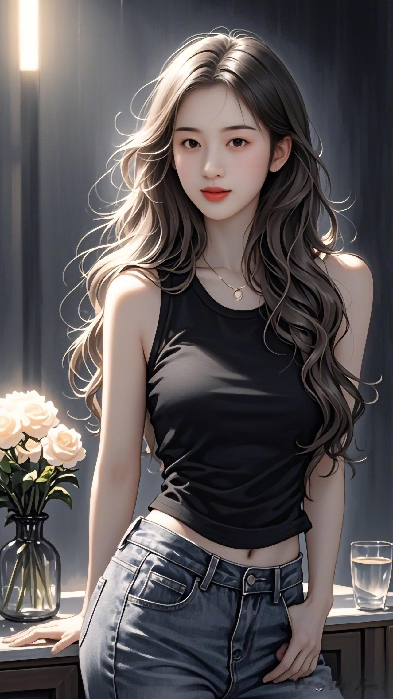 红袖添香夜，美人倚窗立。分享唯美的美照少女心爆棚甜美少女风，黑背心搭配牛仔裤