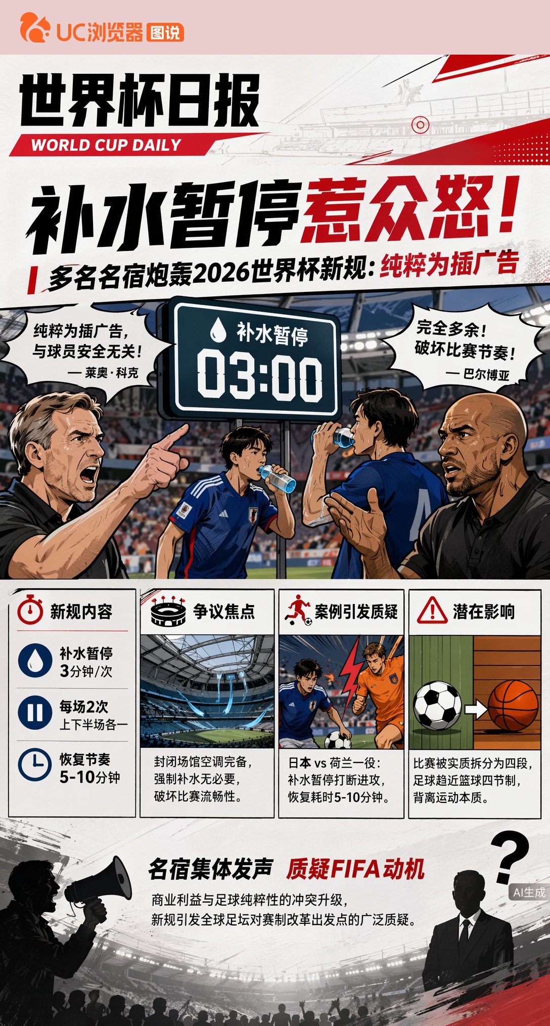 补水暂停惹众怒！多名名宿炮轰2026世界杯新规：纯粹为插广告