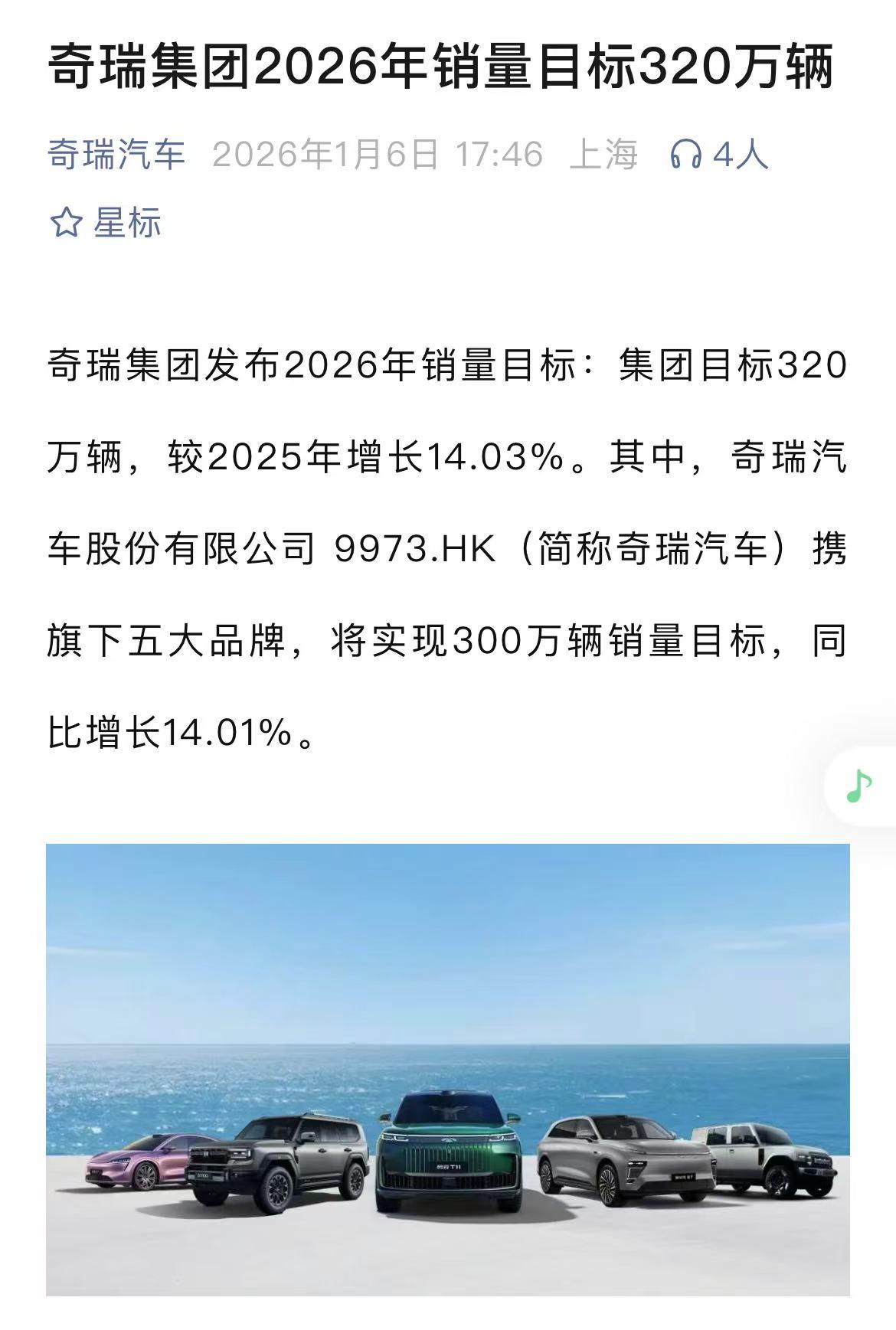 奇瑞集团公布2026年销量目标，320万辆，这个销量对比2025年280.64万
