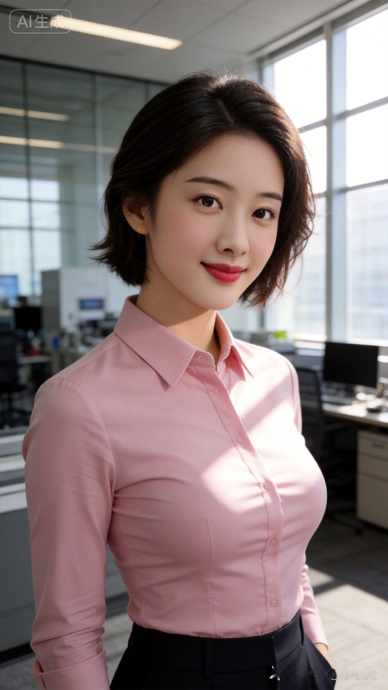 元气满满的办公室少女，粉色衬衫搭配黑色裙子，元气满满的一天从这里开始！🌞💼