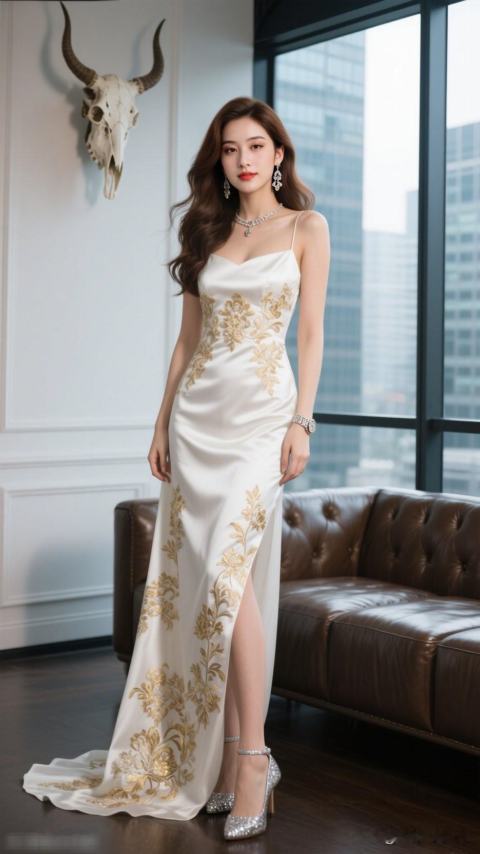 金衣美人倚窗立，风华绝代世无双。有气质的穿搭是怎么样的优雅都市风，金色刺绣晚礼