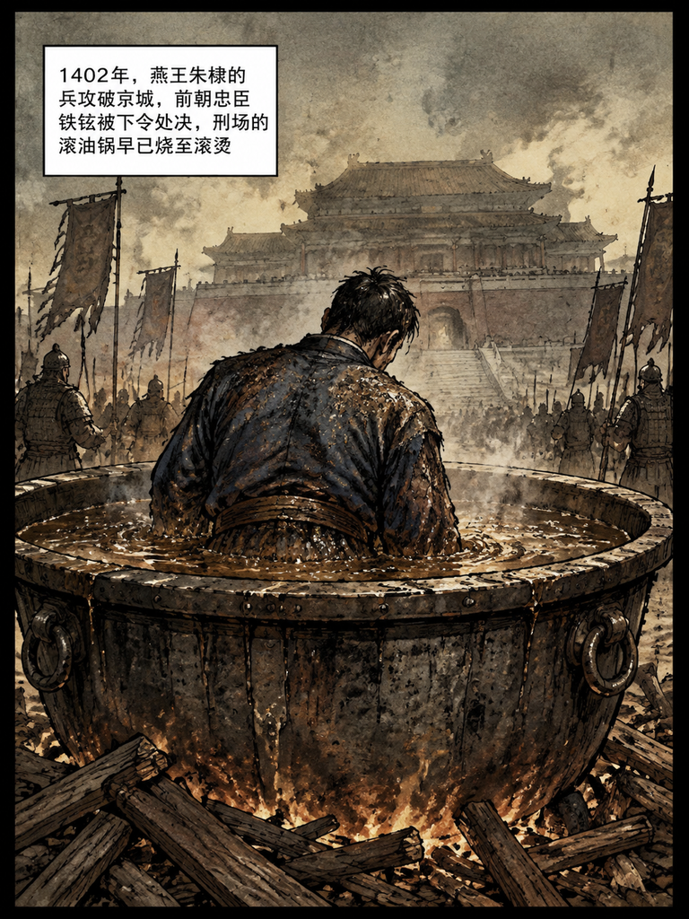 1402年，37岁的兵部尚书铁铉被扔进热油里。太监拿铁叉想翻他尸身，让脸朝朱棣的宫殿，结果油锅突然炸