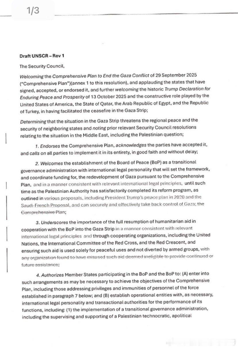 ‼️加沙稳定部队这是美国递交给联合国安理会要求设立加沙稳定部队的草案，提到解除哈