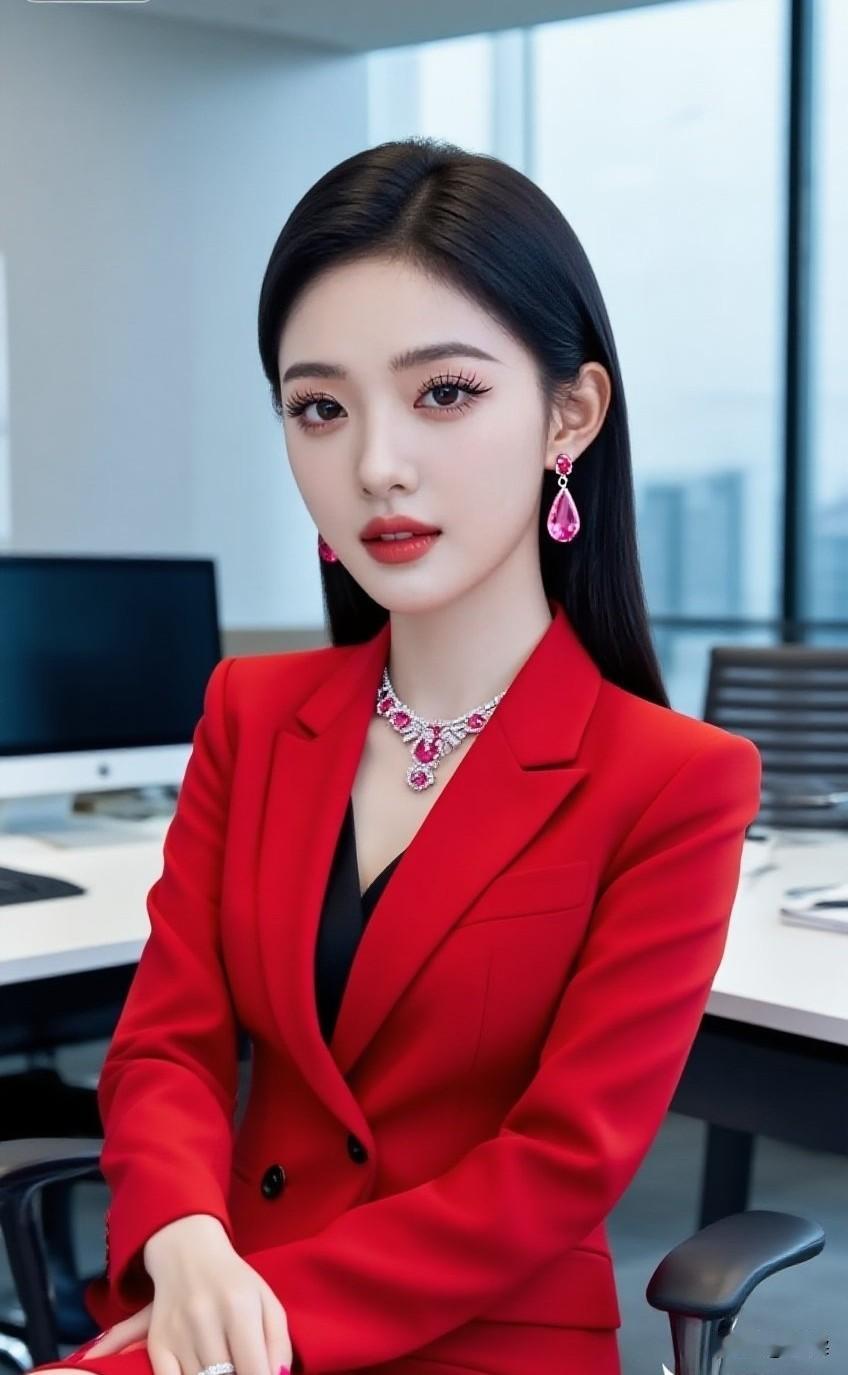 职场女强人，红色西装搭配闪亮珠宝，气场全开！