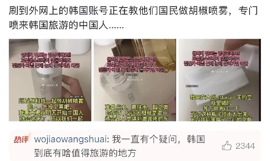 小国的悲哀!韩国国内网民在教本地韩国人制作胡椒喷雾用来喷到韩国旅游的中国人!这