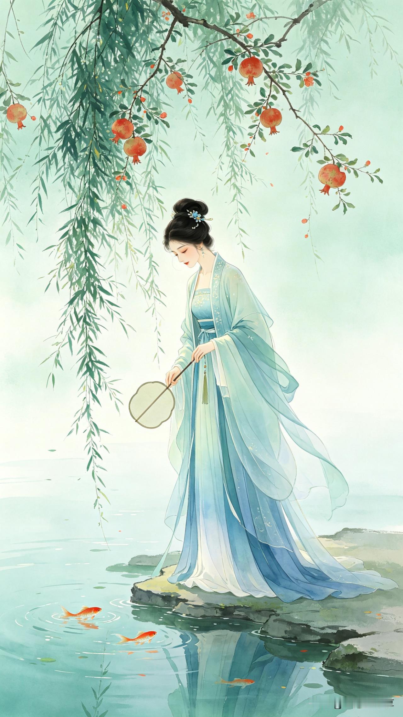 鹧鸪天·柳岸佳人翠柳垂丝拂画桥，丹榴结子挂枝条。佳人独立临清浅，团扇轻