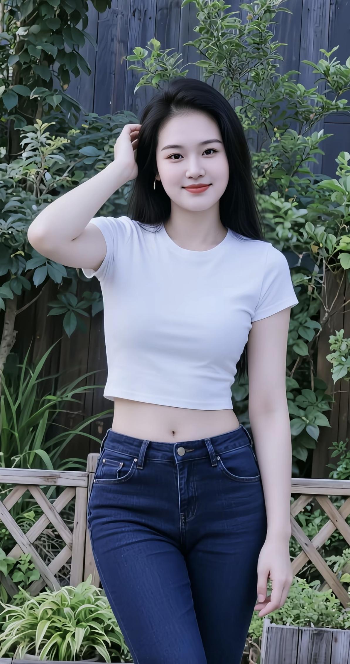 绿树掩映中，美人倚栏立。