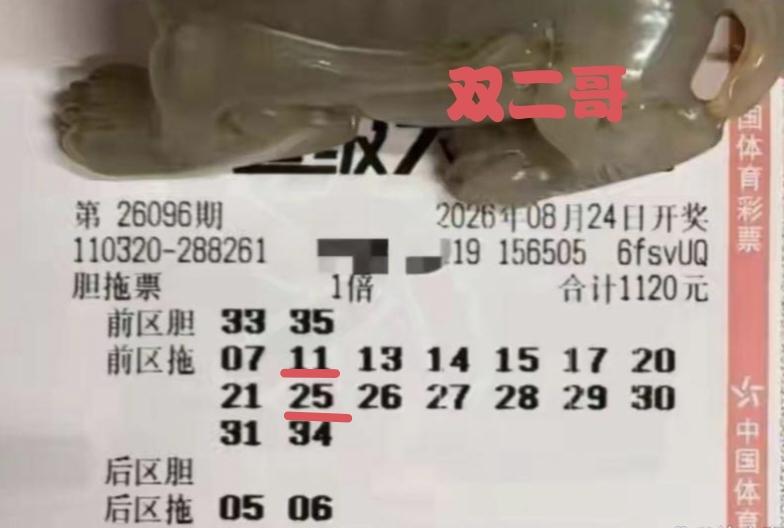 双二哥在第96期体彩超级大乐透赛道当中又败下阵来，他所奉献的两张胆拖复式彩票，双