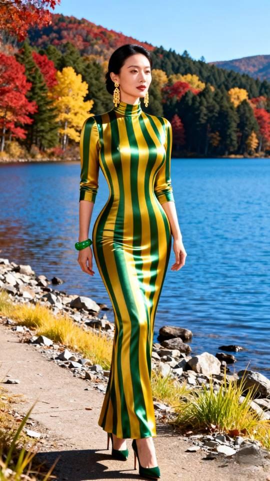 长旗袍裙女子水库边摆拍。旗袍连衣裙