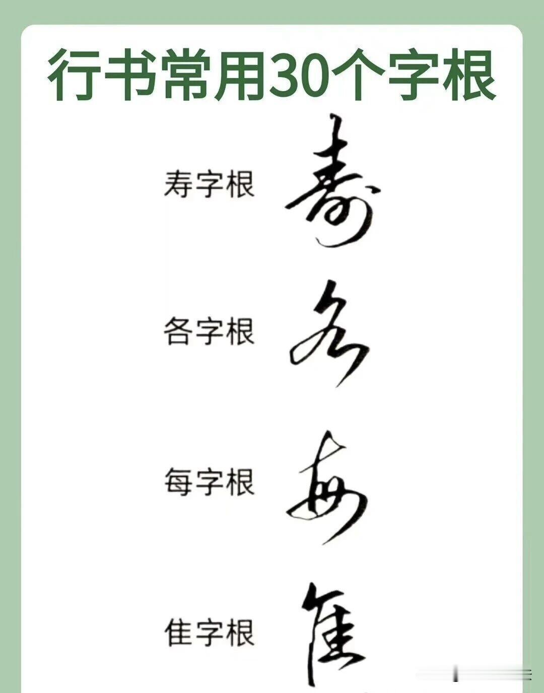 想练好行书不用死磕几百个字，吃透这30个行书字根就够了。行书很多字都是字根组合变