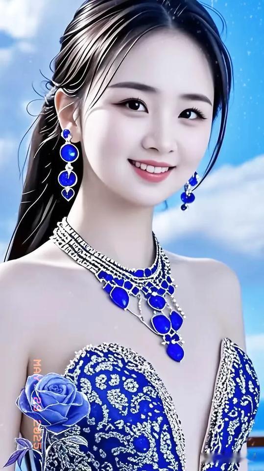蓝宝石项链映碧空，笑语盈盈似画中。