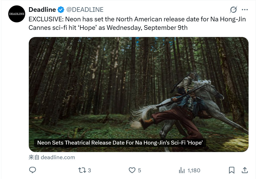 TNABONeon宣布罗泓轸科幻惊悚片《希望》北美定档9月9日韩国本土预计今年